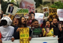 Ato em São Paulo cobra neutralidade da Meta nas eleições São Paulo (SP), 19/10/2026 - Organizações da sociedade civil e movimentos sociais realizam protesto em frente à sede da Meta , na avenida Faria Lima,3732, para denunciar o que consideram interferência sistemática da big tech na eleição brasileira. Foto: Paulo Pinto/Agencia Brasil