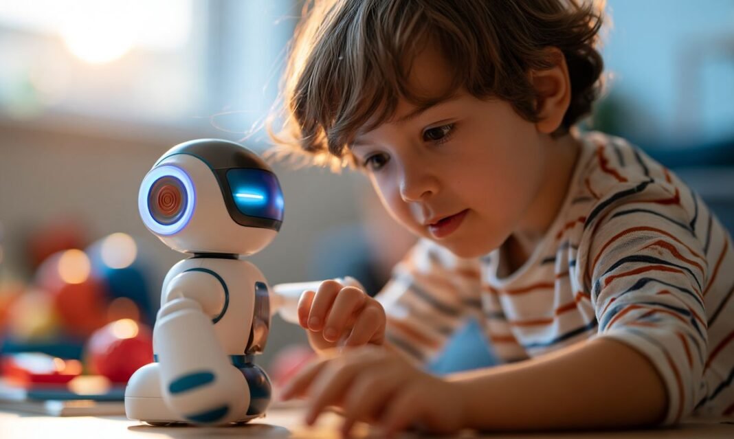 Pediatras alertam para riscos de brinquedos com IA Menino interagindo com um robô educativo em uma sala de jogos iluminado . Foto: Laura/Adobestock