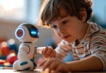 Pediatras alertam para riscos de brinquedos com IA Menino interagindo com um robô educativo em uma sala de jogos iluminado . Foto: Laura/Adobestock